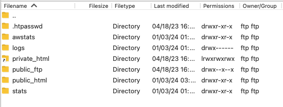 Mappeliste etter tilkobling med FileZilla