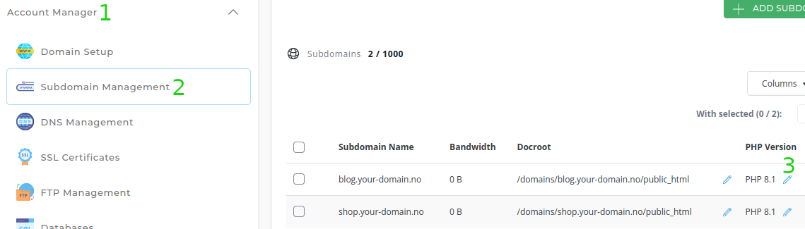 PHP-versjon for subdomener